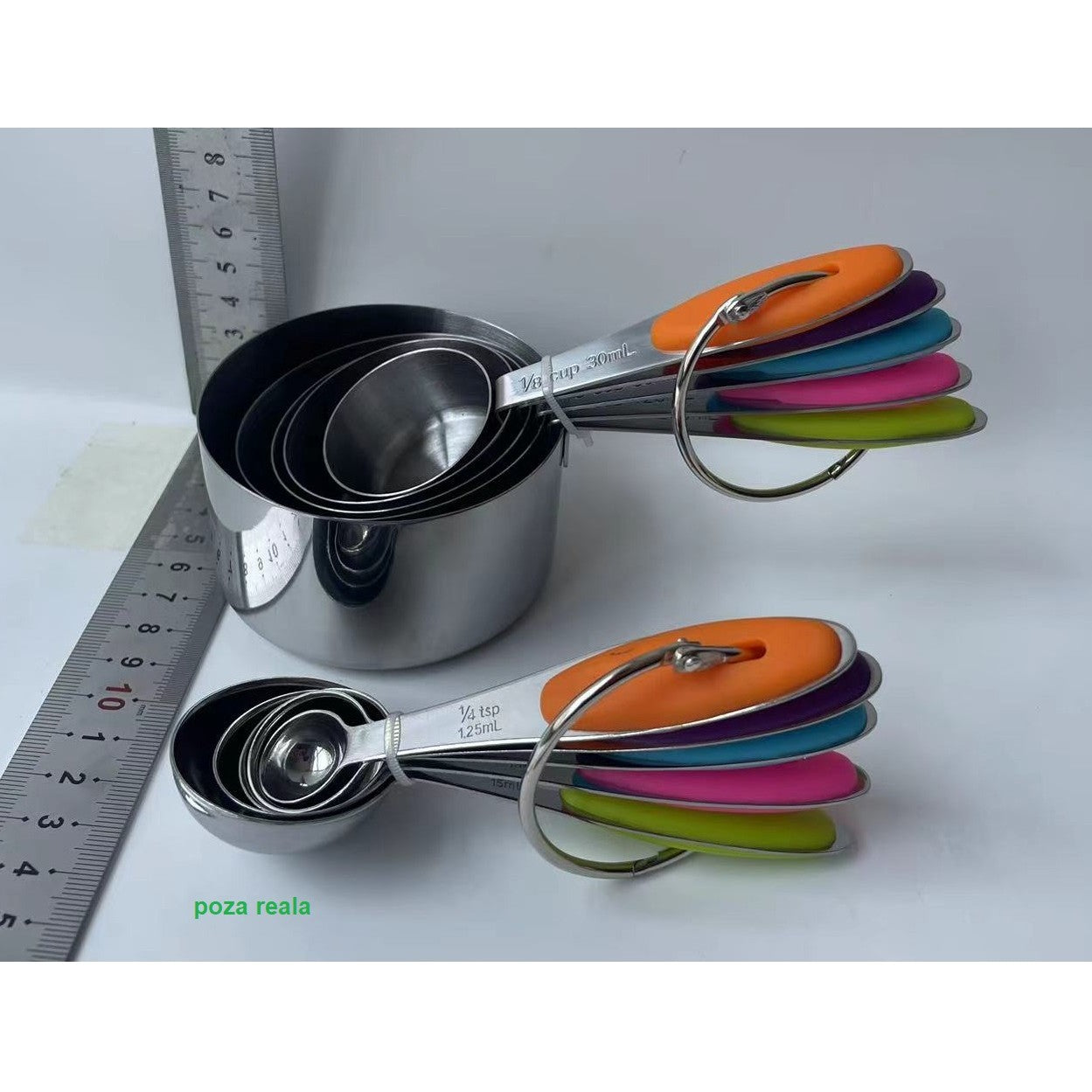 Set de Masurare Bucatarie, 5 Linguri si 5 Cesti Gradate, Manere Ergonomice din Silicon Antiaderent, Otel Inoxidabil, 10 Piese, Multicolor