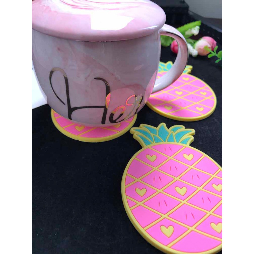 Suport pentru Pahar, Model Ananas, Protectie Termica si Anti-Alunecare, PVC Moale, 10 cm, Roz