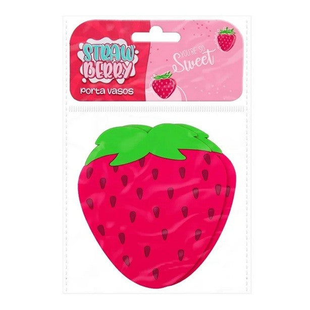 Suport pentru Pahar, Model Capsuna, Rezistent la Caldura, Protectie Masa Anti-alunecare, PVC Moale, Rosu, 10 x 12 cm
