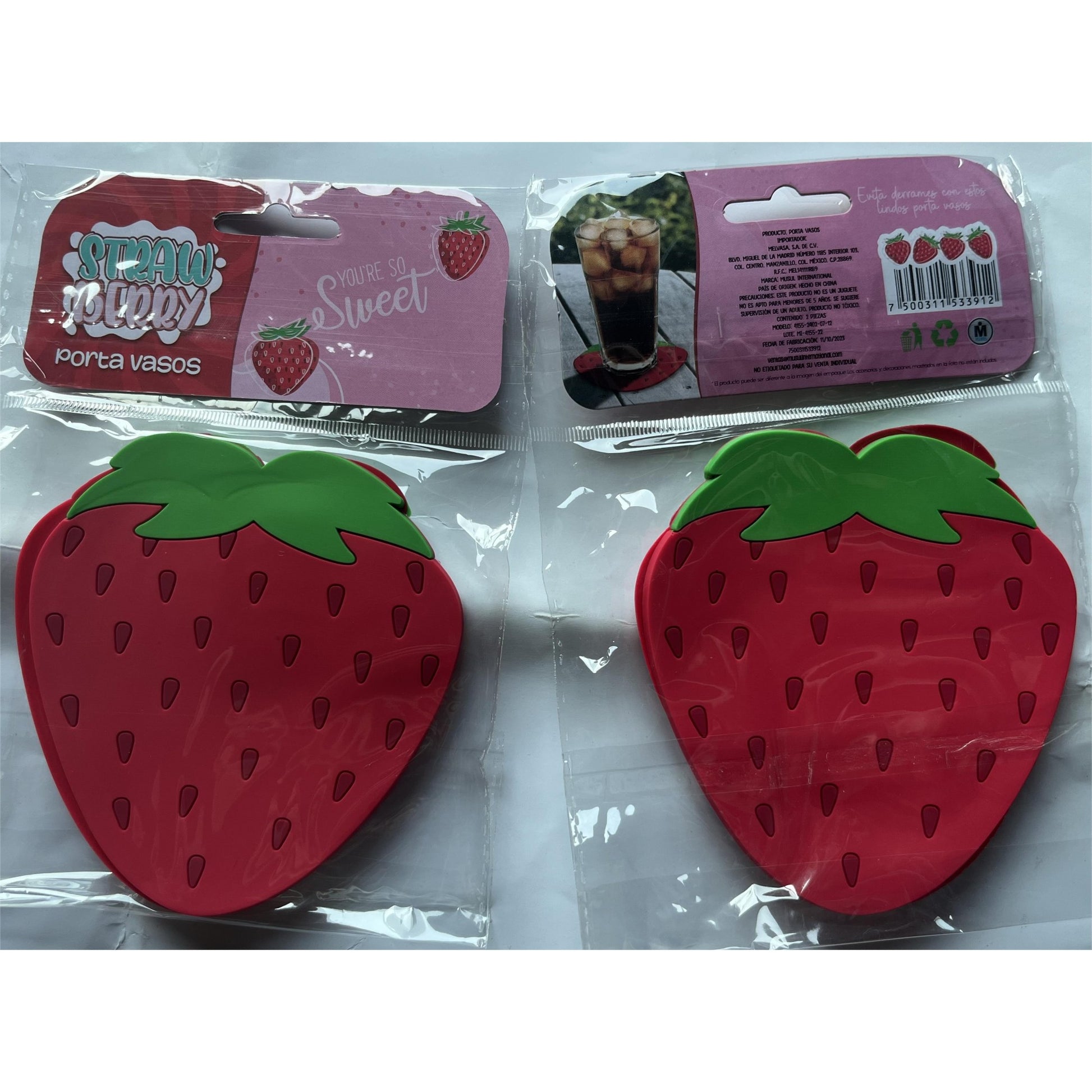 Suport pentru Pahar, Model Capsuna, Rezistent la Caldura, Protectie Masa Anti-alunecare, PVC Moale, Rosu, 10 x 12 cm