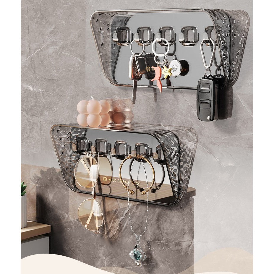 Raft de Depozitare cu Carlig, Organizator Perete pentru Chei si Bijuterii, Montare Fara Gaurire, Plastic PET, 20.3 x 4.6 x 10.3 cm, Gri Transparent