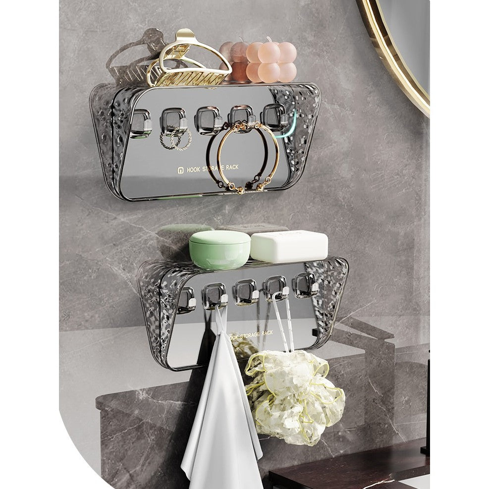 Raft de Depozitare cu Carlig, Organizator Perete pentru Chei si Bijuterii, Montare Fara Gaurire, Plastic PET, 20.3 x 4.6 x 10.3 cm, Gri Transparent
