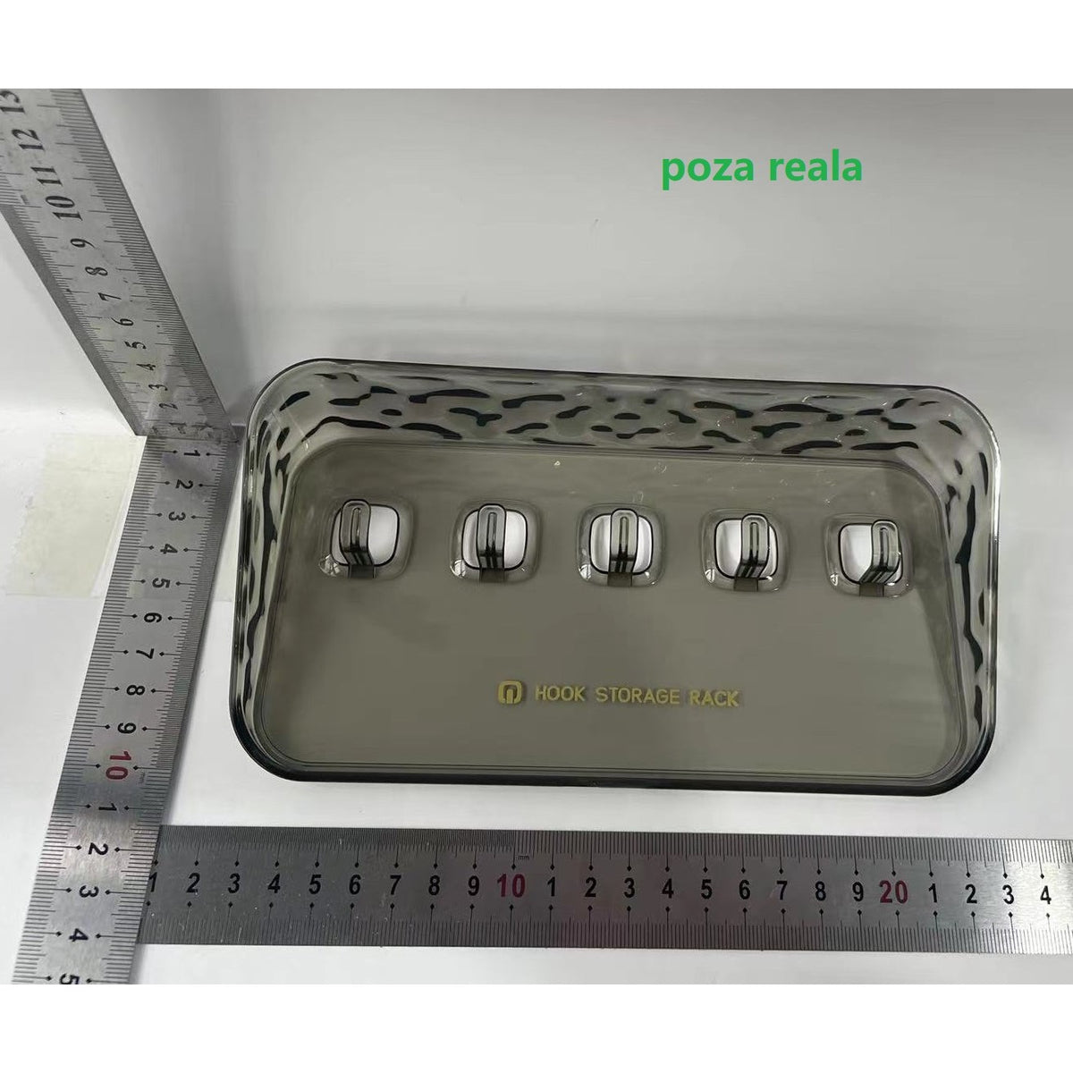 Raft de Depozitare cu Carlig, Organizator Perete pentru Chei si Bijuterii, Montare Fara Gaurire, Plastic PET, 20.3 x 4.6 x 10.3 cm, Gri Transparent