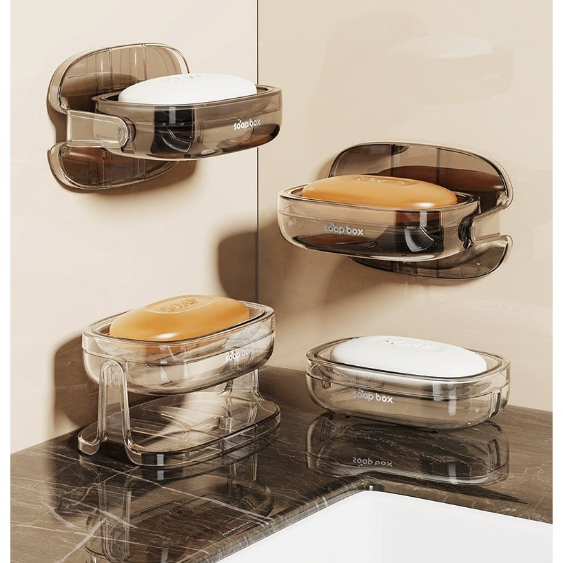 Savoniera Cu Suport 2 In 1, Montare Perete Fara Gaurire Sau Pe Blat, Sistem Scurgere Rapida, Material PET Si Sticla, Gri Transparent