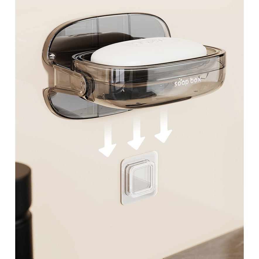 Savoniera Cu Suport 2 In 1, Montare Perete Fara Gaurire Sau Pe Blat, Sistem Scurgere Rapida, Material PET Si Sticla, Gri Transparent