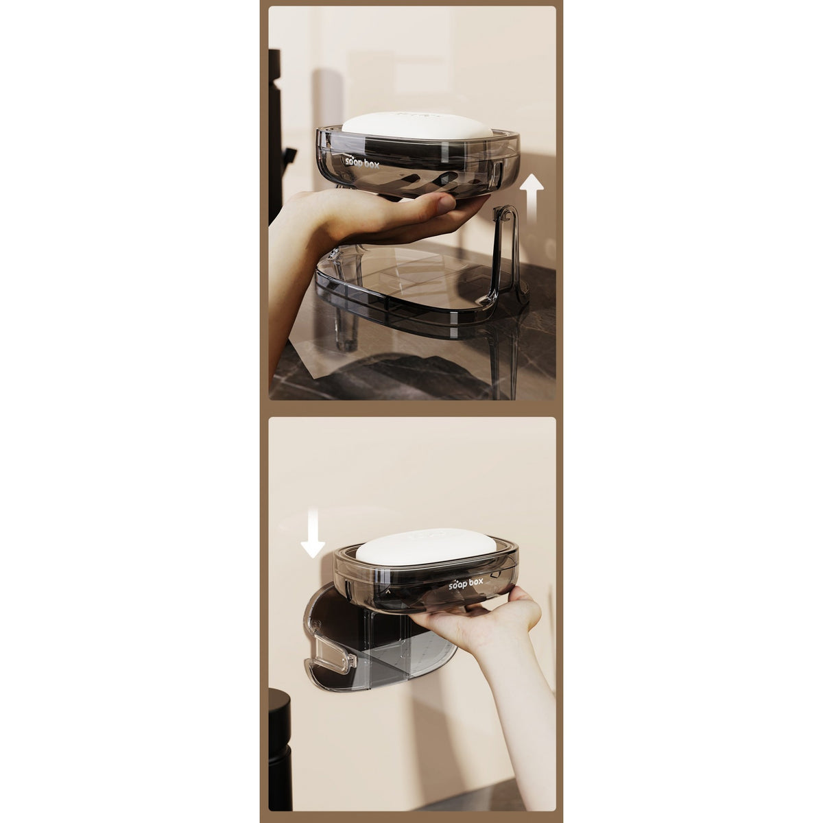 Savoniera Cu Suport 2 In 1, Montare Perete Fara Gaurire Sau Pe Blat, Sistem Scurgere Rapida, Material PET Si Sticla, Gri Transparent
