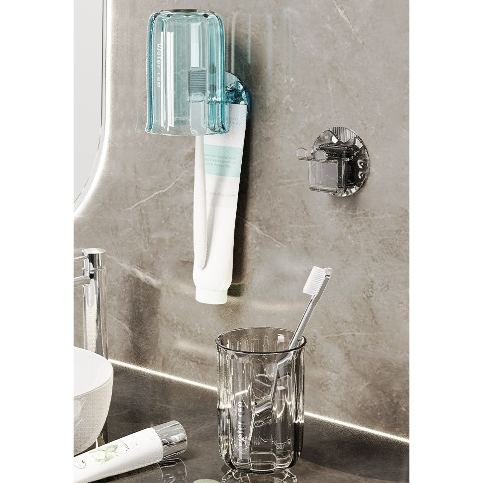 Suport Multifunctional 2 in 1 pentru Periuta de Dinti si Pasta, Organizator Baie cu Montare pe Perete fara Gaurire, Pahar Inclus, PET si Silicon, 10.4 x 7.3 x 7.3 cm, Roz