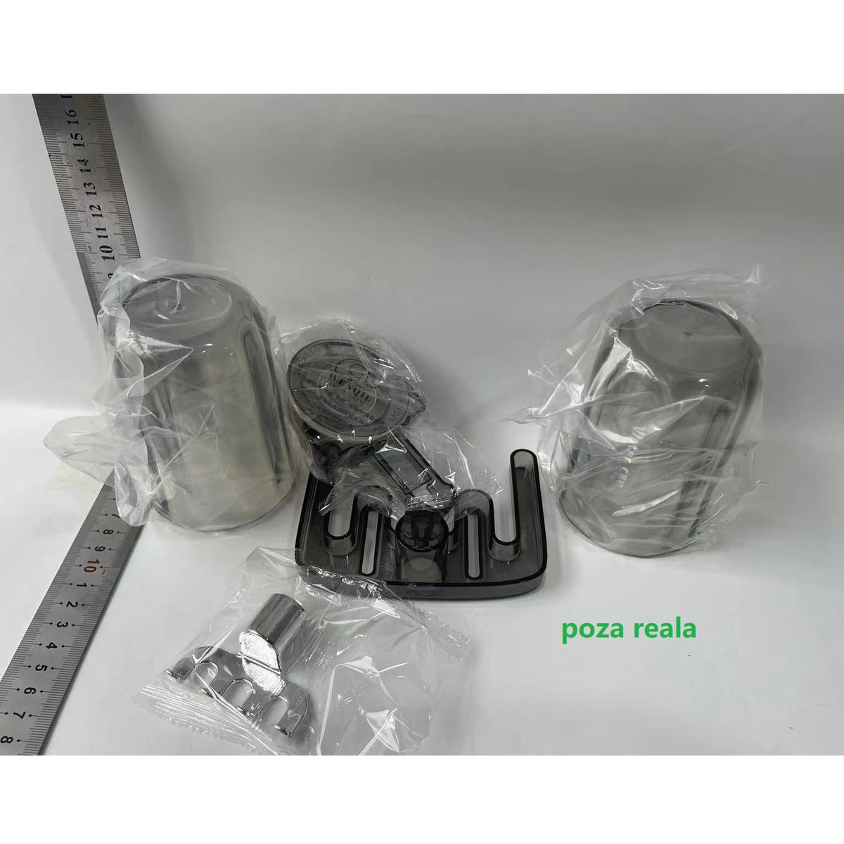 Suport Multifunctional pentru Baie, Pahar si Organizator Periuta de Dinti, Fixare cu Ventuza fara Perforare, Plastic ABS si PET, 11 cm x 11.5 cm, Gri