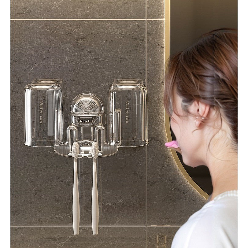 Suport Multifunctional pentru Baie, Pahar si Organizator Periuta de Dinti, Fixare cu Ventuza fara Perforare, Plastic ABS si PET, 11 cm x 11.5 cm, Gri