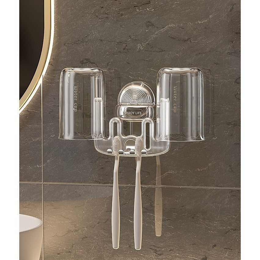 Suport Multifunctional pentru Baie, Pahar si Organizator Periuta de Dinti, Fixare cu Ventuza fara Perforare, Plastic ABS si PET, 11 cm x 11.5 cm, Gri