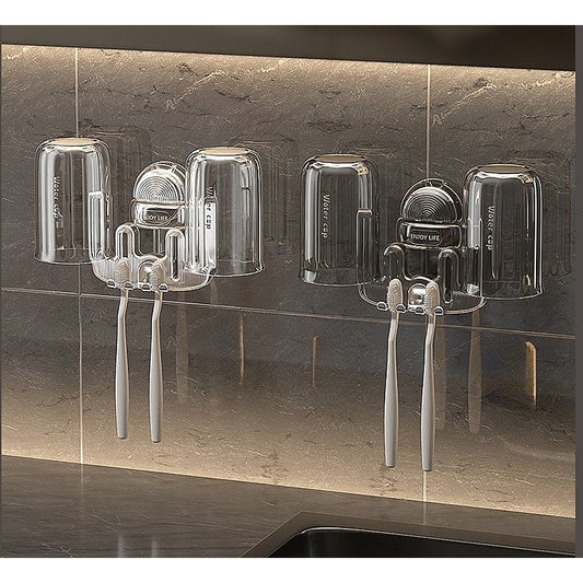 Suport Multifunctional pentru Periuta de Dinti si Pahar, Organizator Baie cu Ventuza fara Perforare, Plastic PET si ABS, 11 cm x 11.5 cm, Transparent