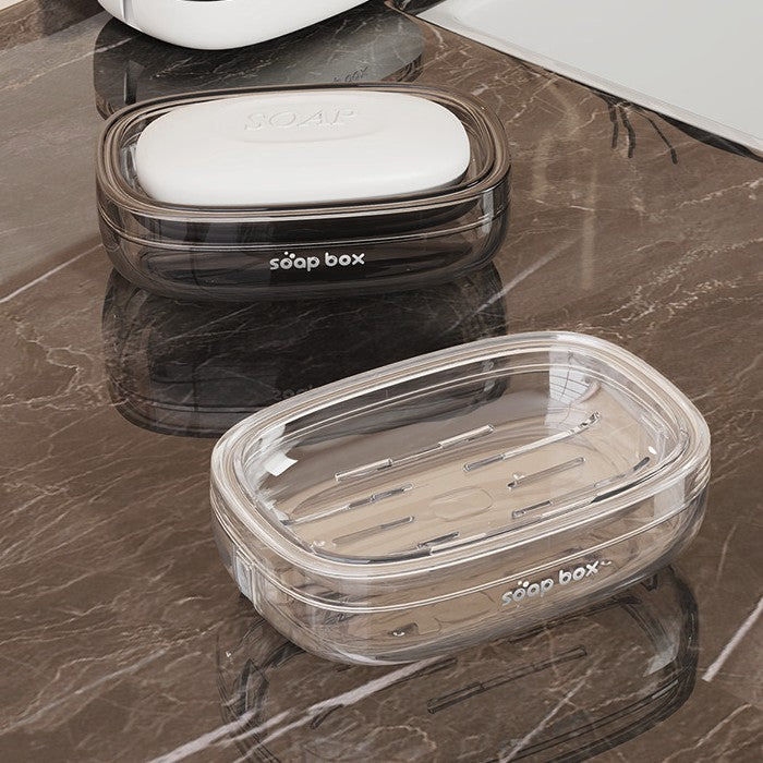 Savoniera Pentru Blat Cu Sistem De Scurgere Optima, Suport Sapun Igienic Cu Tava Detasabila, Material PET Si Sticla, 13 x 9 x 4 cm, Gri