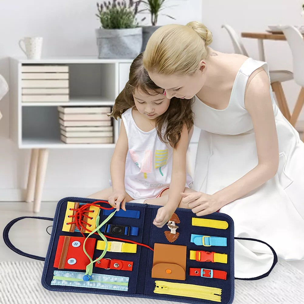 Carte Senzoriala Educativa Montessori, Jucarie Portabila Tip Geanta pentru Dezvoltare Abilitati Motorii Fine, Material Fetru Moale, 2 Pagini, 28x22x3 cm, Albastru