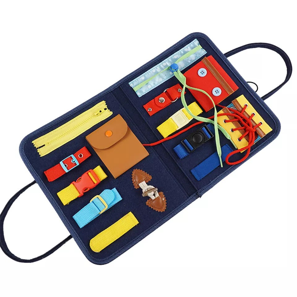 Carte Senzoriala Educativa Montessori, Jucarie Portabila Tip Geanta pentru Dezvoltare Abilitati Motorii Fine, Material Fetru Moale, 2 Pagini, 28x22x3 cm, Albastru
