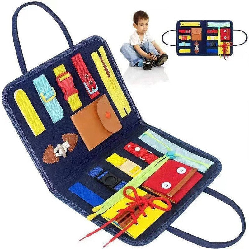 Carte Senzoriala Educativa Montessori, Jucarie Portabila Tip Geanta pentru Dezvoltare Abilitati Motorii Fine, Material Fetru Moale, 2 Pagini, 28x22x3 cm, Albastru