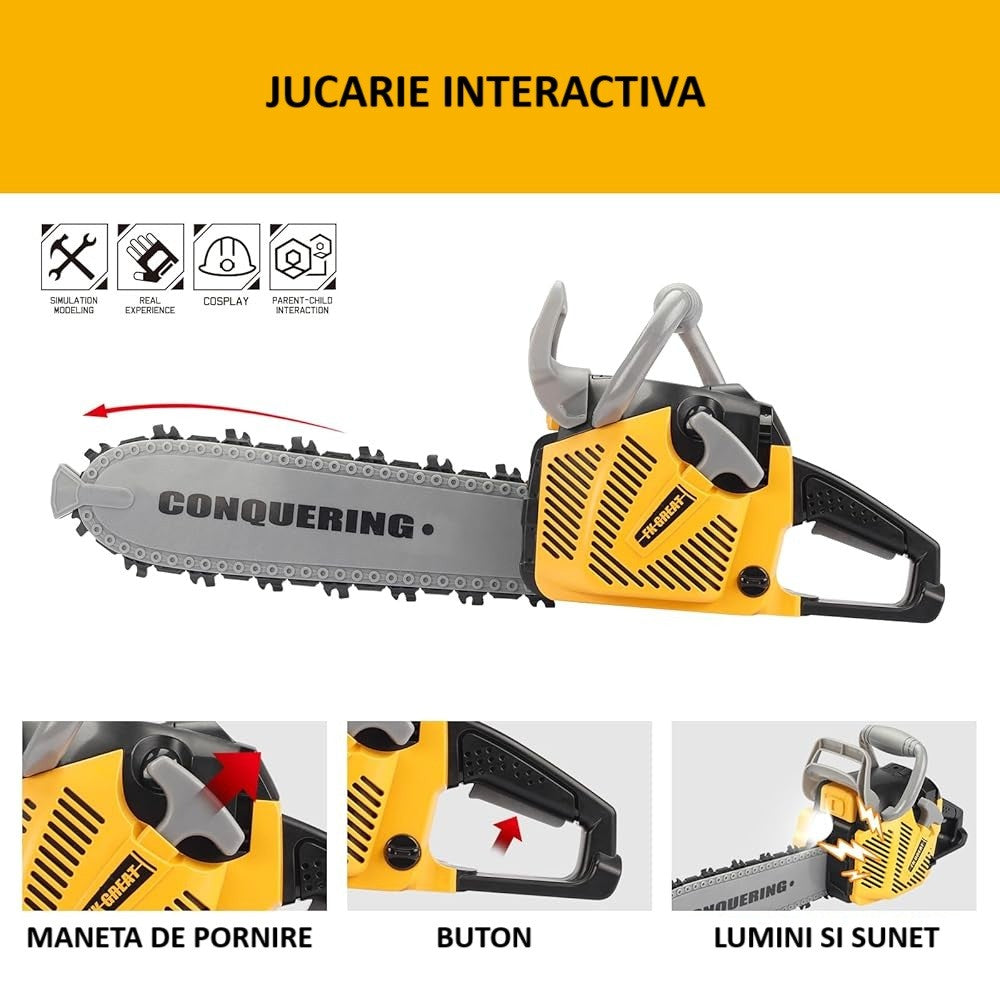 Jucarie Fierastrau Electric pentru Copii, Joc de Rol Interactiv cu Sunete si Lumini, Plastic ABS Rezistent, 43 x 10 x 18.5 cm, Portocaliu, +3 Ani