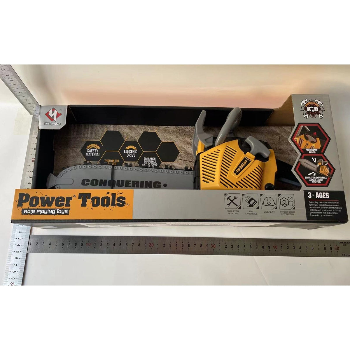 Jucarie Fierastrau Electric pentru Copii, Joc de Rol Interactiv cu Sunete si Lumini, Plastic ABS Rezistent, 43 x 10 x 18.5 cm, Portocaliu, +3 Ani