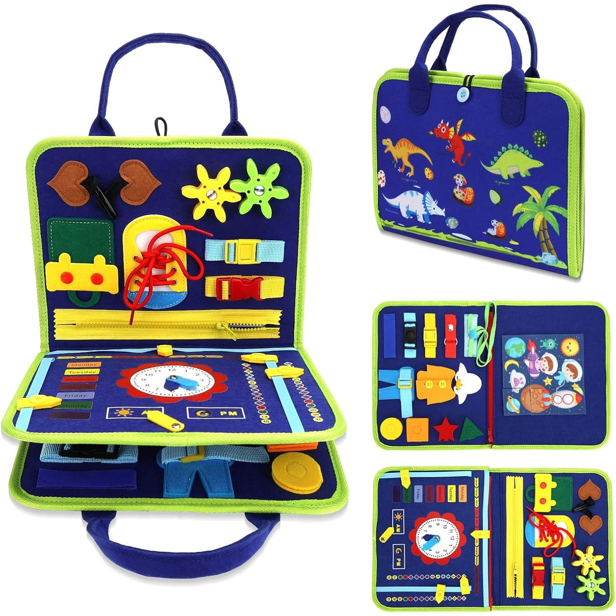 Carte Senzoriala Educativa Montessori pentru Dezvoltare Abilitati Motorii si Invatare Alfabet, 15 Activitati Interactive din Fetru Moale, 3 Pagini, 28x25x4 cm, Albastru