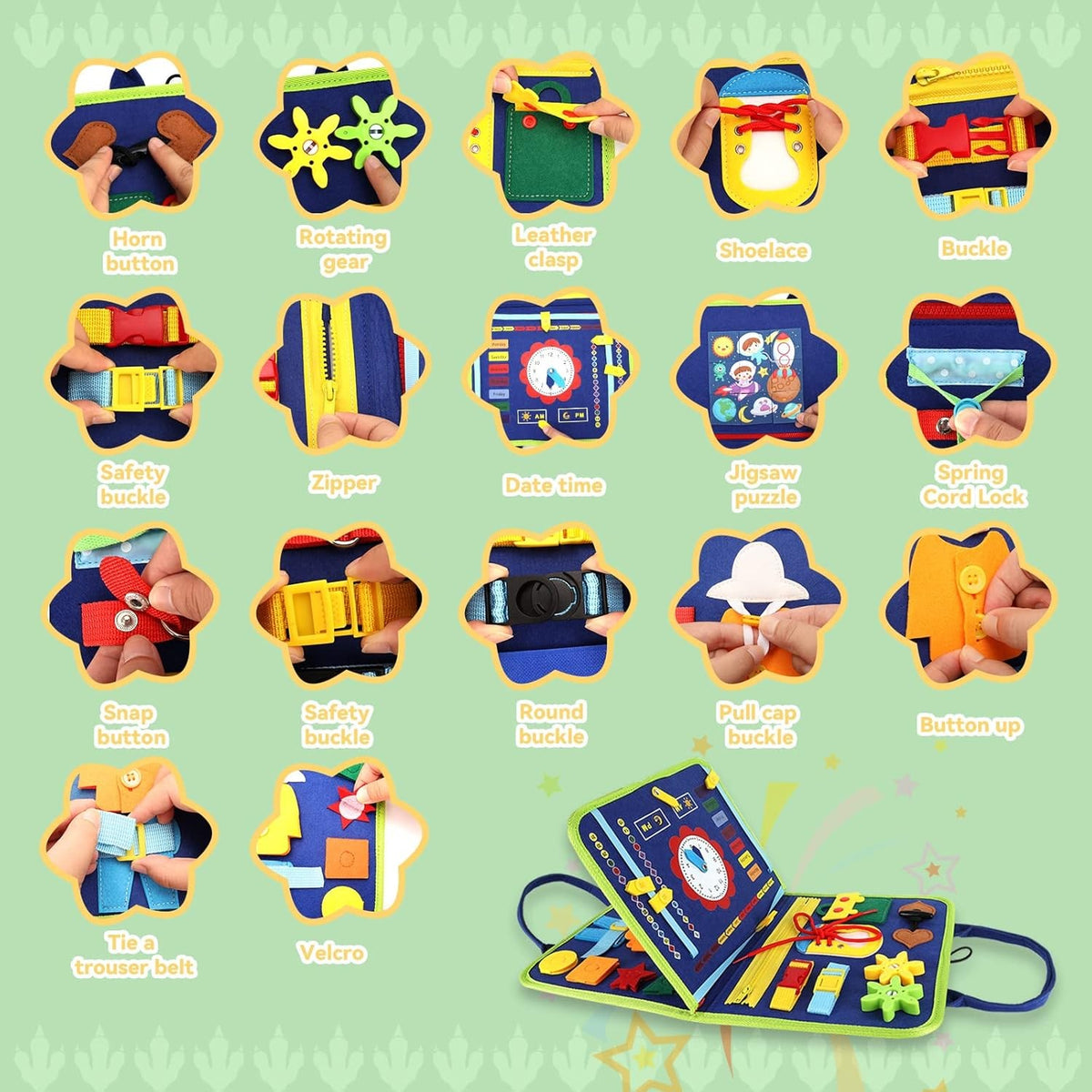 Carte Senzoriala Educativa Montessori pentru Dezvoltare Abilitati Motorii si Invatare Alfabet, 15 Activitati Interactive din Fetru Moale, 3 Pagini, 28x25x4 cm, Albastru
