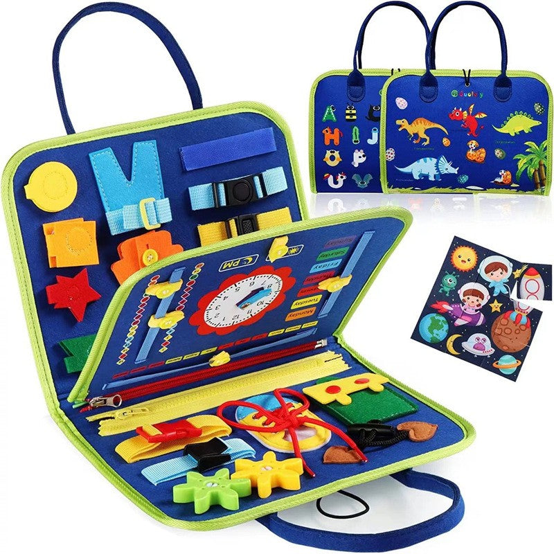 Carte Senzoriala Educativa Montessori pentru Dezvoltare Abilitati Motorii si Invatare Alfabet, 15 Activitati Interactive din Fetru Moale, 3 Pagini, 28x25x4 cm, Albastru