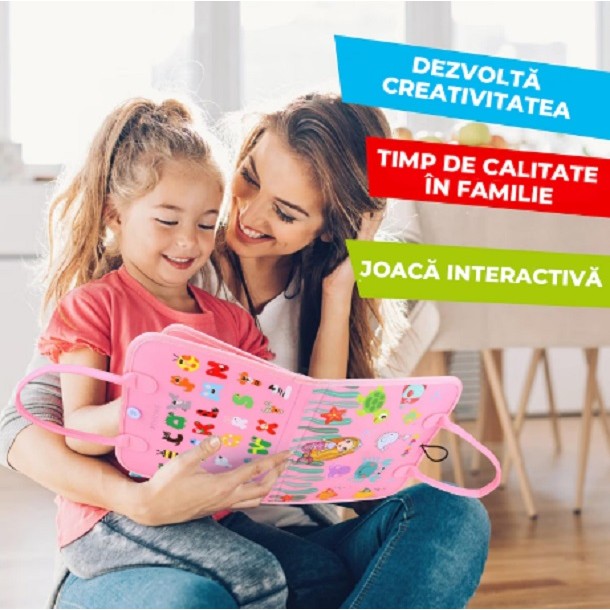 Carte Senzoriala Educativa Montessori, Dezvoltare Abilitati Motorii si Invatare Alfabet, Fetru si Material Textil, 16 Activitati Interactive, 3 Pagini, 28x25x4 cm, Roz Model Sirena