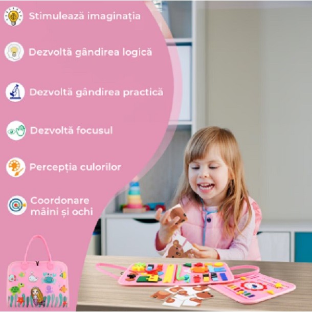 Carte Senzoriala Educativa Montessori, Dezvoltare Abilitati Motorii si Invatare Alfabet, Fetru si Material Textil, 16 Activitati Interactive, 3 Pagini, 28x25x4 cm, Roz Model Sirena