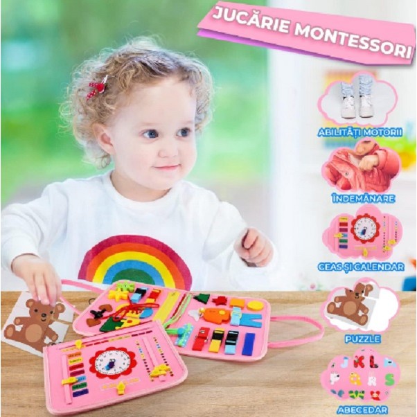 Carte Senzoriala Educativa Montessori, Dezvoltare Abilitati Motorii si Invatare Alfabet, Fetru si Material Textil, 16 Activitati Interactive, 3 Pagini, 28x25x4 cm, Roz Model Sirena