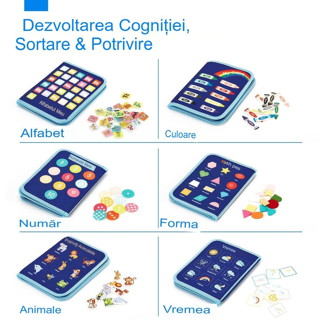 Carte Senzoriala Educativa Montessori, Jucarie Busy Book pentru Abilitati Motorii si Invatare Alfabet, Fetru Moale, Model Dinozauri, 5 Pagini, 28x22x7 cm, Albastru