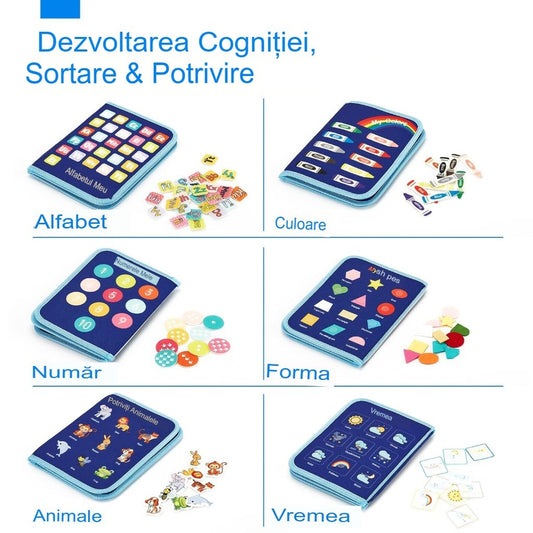Carte Senzoriala Educativa Montessori, Jucarie Busy Book pentru Abilitati Motorii si Invatare Alfabet, Fetru Moale, Model Dinozauri, 5 Pagini, 28x22x7 cm, Albastru