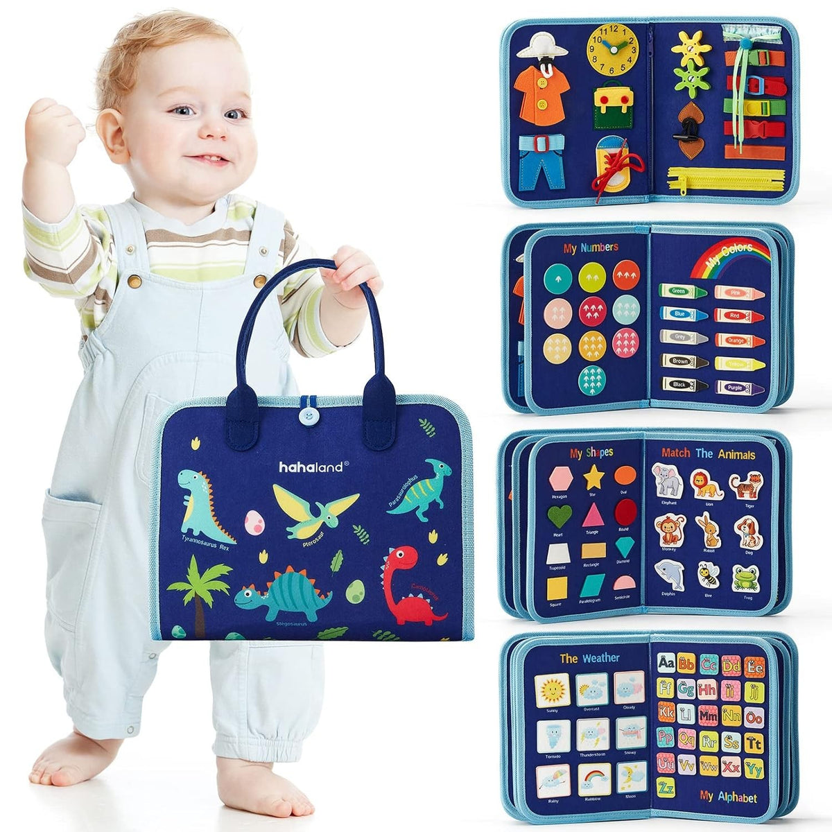 Carte Senzoriala Educativa Montessori, Jucarie Busy Book pentru Abilitati Motorii si Invatare Alfabet, Fetru Moale, Model Dinozauri, 5 Pagini, 28x22x7 cm, Albastru