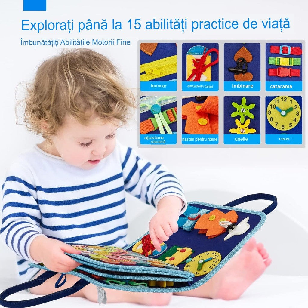 Carte Senzoriala Educativa Montessori, Jucarie Busy Book pentru Abilitati Motorii si Invatare Alfabet, Fetru Moale, Model Dinozauri, 5 Pagini, 28x22x7 cm, Albastru