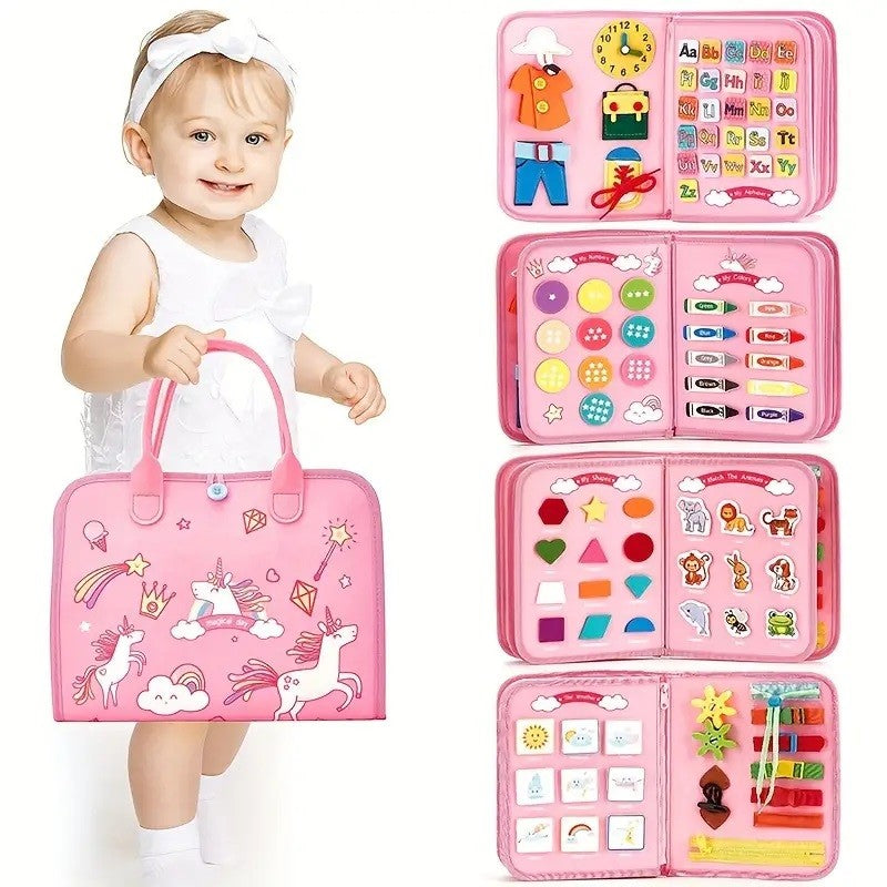 Carte Senzoriala Educativa Montessori pentru Dezvoltare Abilitati Motorii, Busy Board Interactiva cu Alfabet si Activitati, Fetru Moale, 5 Pagini, Model Unicorni, 28x22x7 cm, Roz