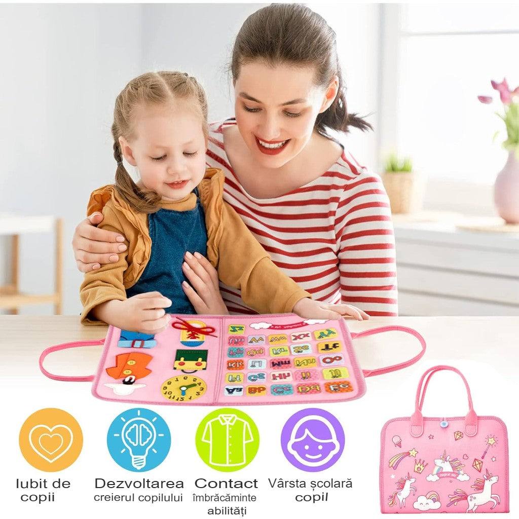 Carte Senzoriala Educativa Montessori pentru Dezvoltare Abilitati Motorii, Busy Board Interactiva cu Alfabet si Activitati, Fetru Moale, 5 Pagini, Model Unicorni, 28x22x7 cm, Roz