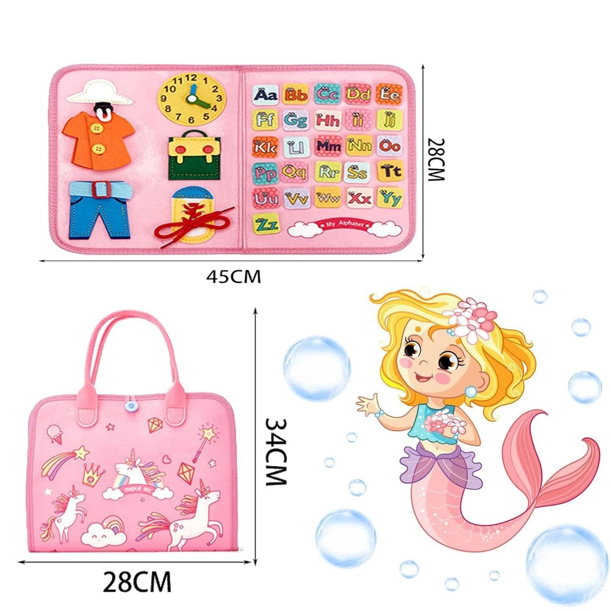 Carte Senzoriala Educativa Montessori pentru Dezvoltare Abilitati Motorii, Busy Board Interactiva cu Alfabet si Activitati, Fetru Moale, 5 Pagini, Model Unicorni, 28x22x7 cm, Roz