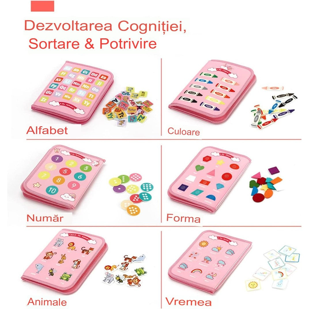 Carte Senzoriala Educativa Montessori pentru Dezvoltare Abilitati Motorii, Busy Board Interactiva cu Alfabet si Activitati, Fetru Moale, 5 Pagini, Model Unicorni, 28x22x7 cm, Roz