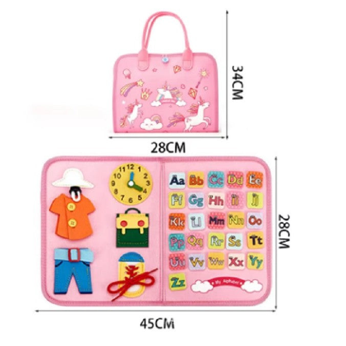 Carte Senzoriala Educativa Montessori pentru Dezvoltare Abilitati Motorii, Busy Board Interactiva cu Alfabet si Activitati, Fetru Moale, 5 Pagini, Model Unicorni, 28x22x7 cm, Roz
