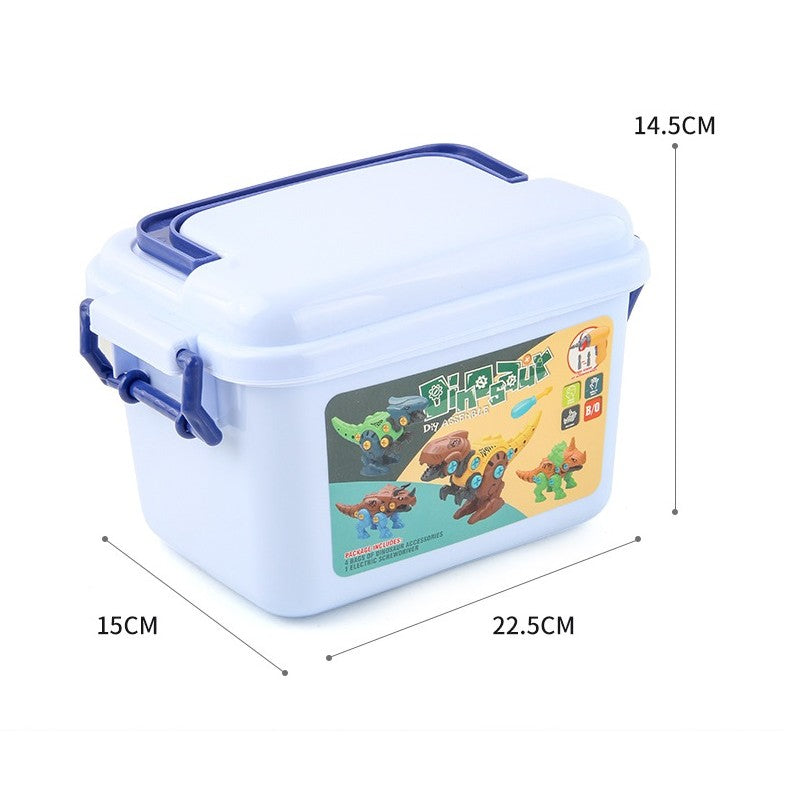 Set de Constructie Dinozauri de Asamblat, Jucarie Educativa STEM cu Bormasina Electrica si Surubelnita, Articulatii Mobile, Plastic ABS, Include Cutie Depozitare, 4 Bucati, Multicolor