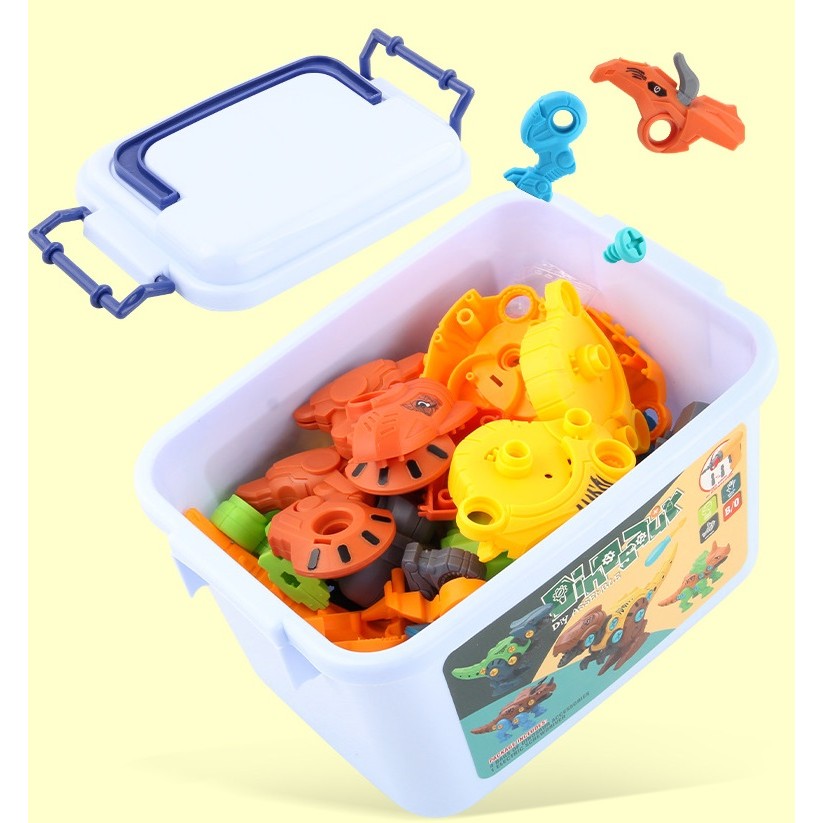 Set de Constructie Dinozauri de Asamblat, Jucarie Educativa STEM cu Bormasina Electrica si Surubelnita, Articulatii Mobile, Plastic ABS, Include Cutie Depozitare, 4 Bucati, Multicolor