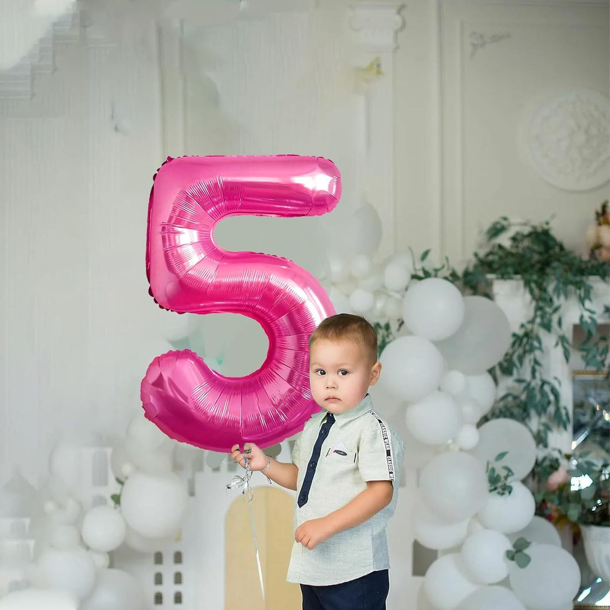 Balon Aniversar Cifra 5, Figurina Petrecere, Folie Metalizata, Umflare Aer sau Heliu, Inclus Pai Umflare, Roz, 40 cm