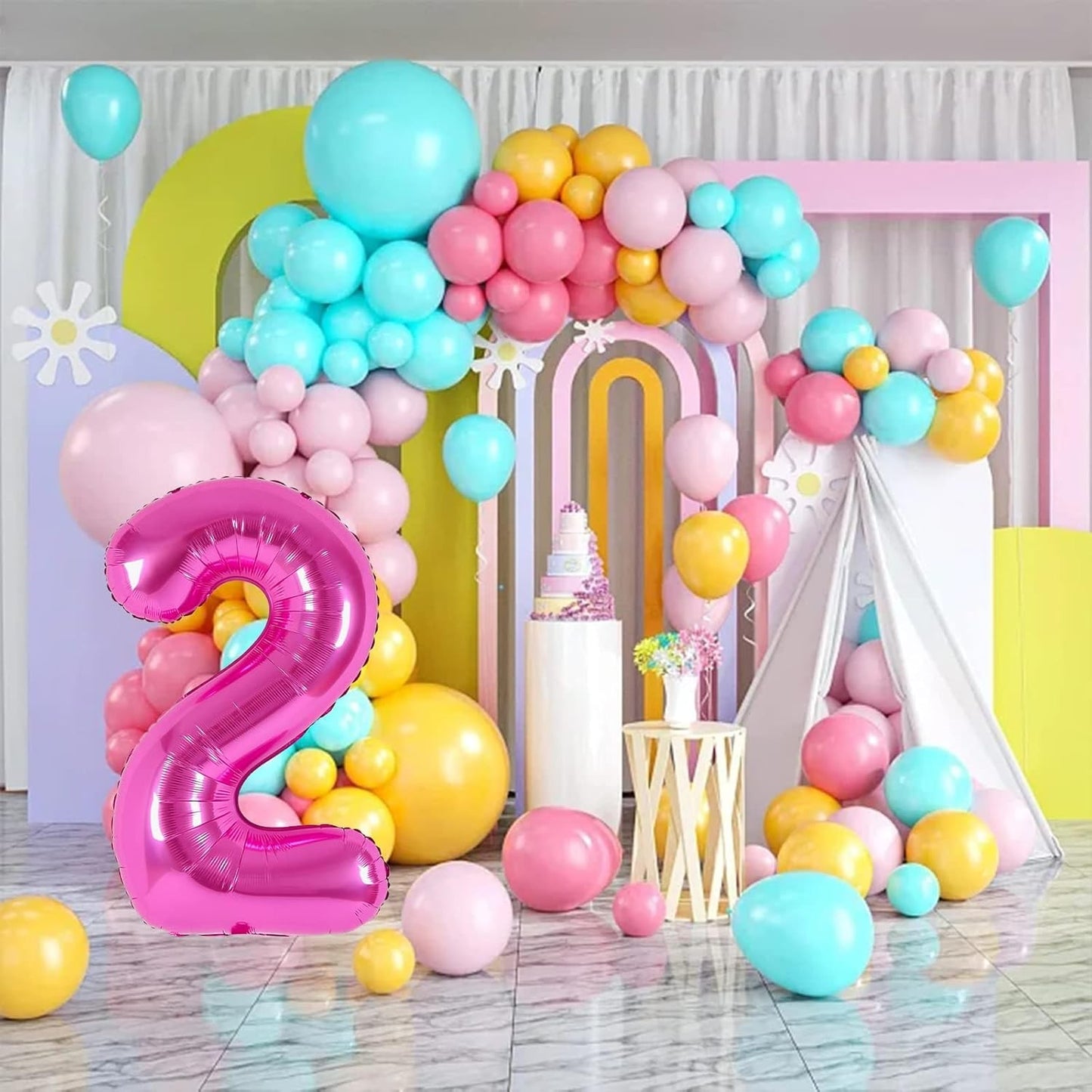 Balon Aniversar Cifra 2, Figurina din Folie Metalizata, Umflare Aer sau Heliu, Include Pai, Roz, 40 cm