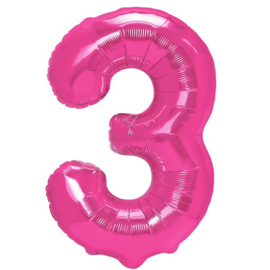 Balon Aniversar Cifra 3, Figurina din Folie Metalizata, Umflare cu Aer sau Heliu, Include Pai, 40 cm, Roz