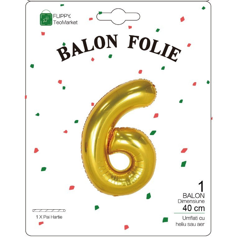 Balon Din Folie Metalizata, Figurina Cifra 6 Pentru Aniversare, Umflare Aer Sau Heliu, Include Pai, Inaltime 40 cm, Auriu