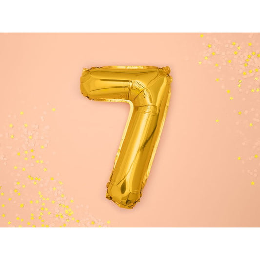 Balon Aniversar Cifra 7, Figurina din Folie Metalizata, Umflare Aer sau Heliu, include Pai, 40 cm, Auriu