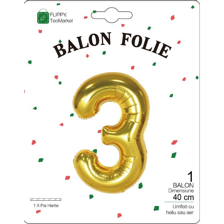 Balon Figurina Cifra 3 pentru Aniversare, Folie Metalizata, Umflare Aer sau Heliu, Pai Inclus, 40 cm, Auriu