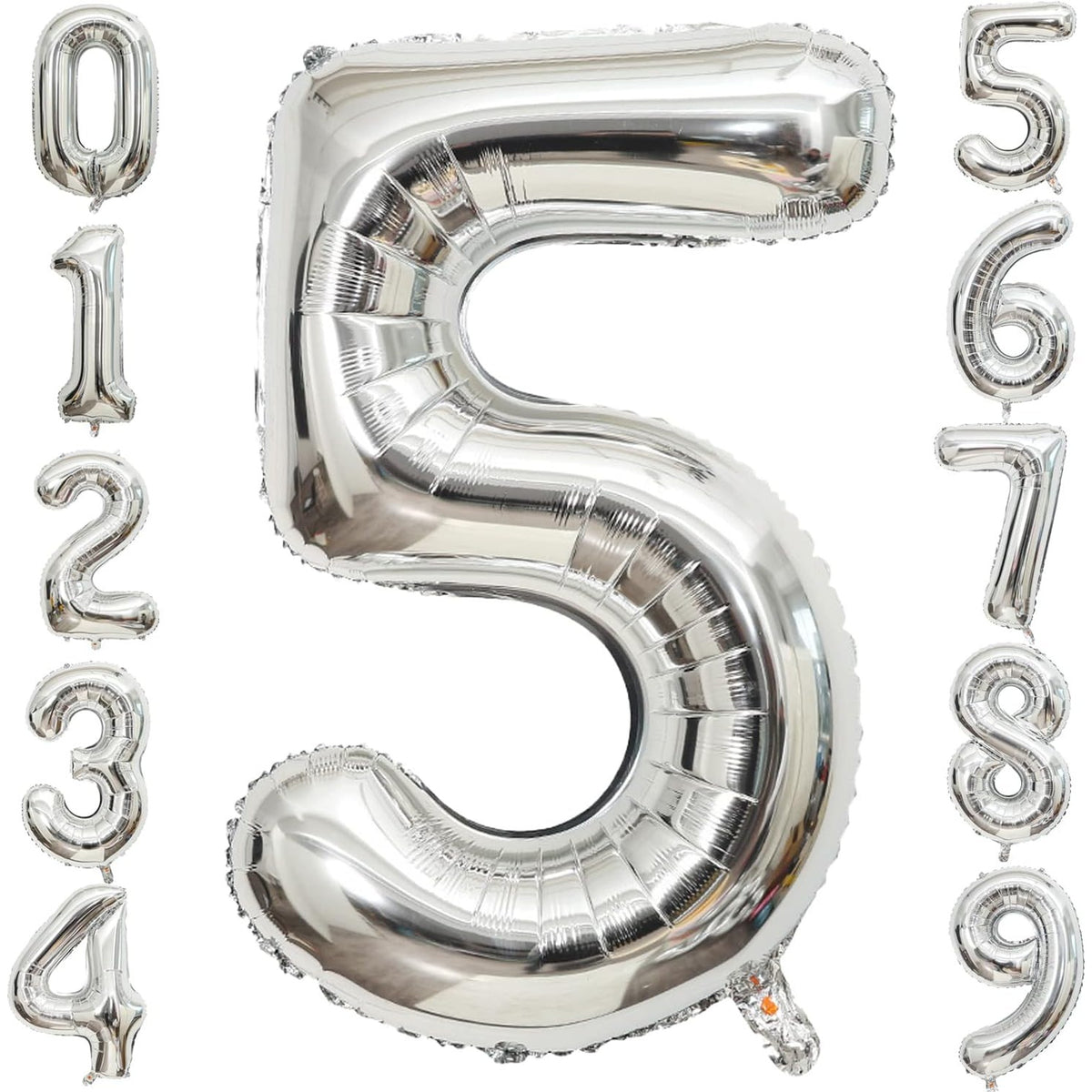 Balon Aniversar Cifra 5, Figurina din Folie Metalizata, Umflare cu Aer sau Heliu, Pai Inclus, Argintiu, 40 cm