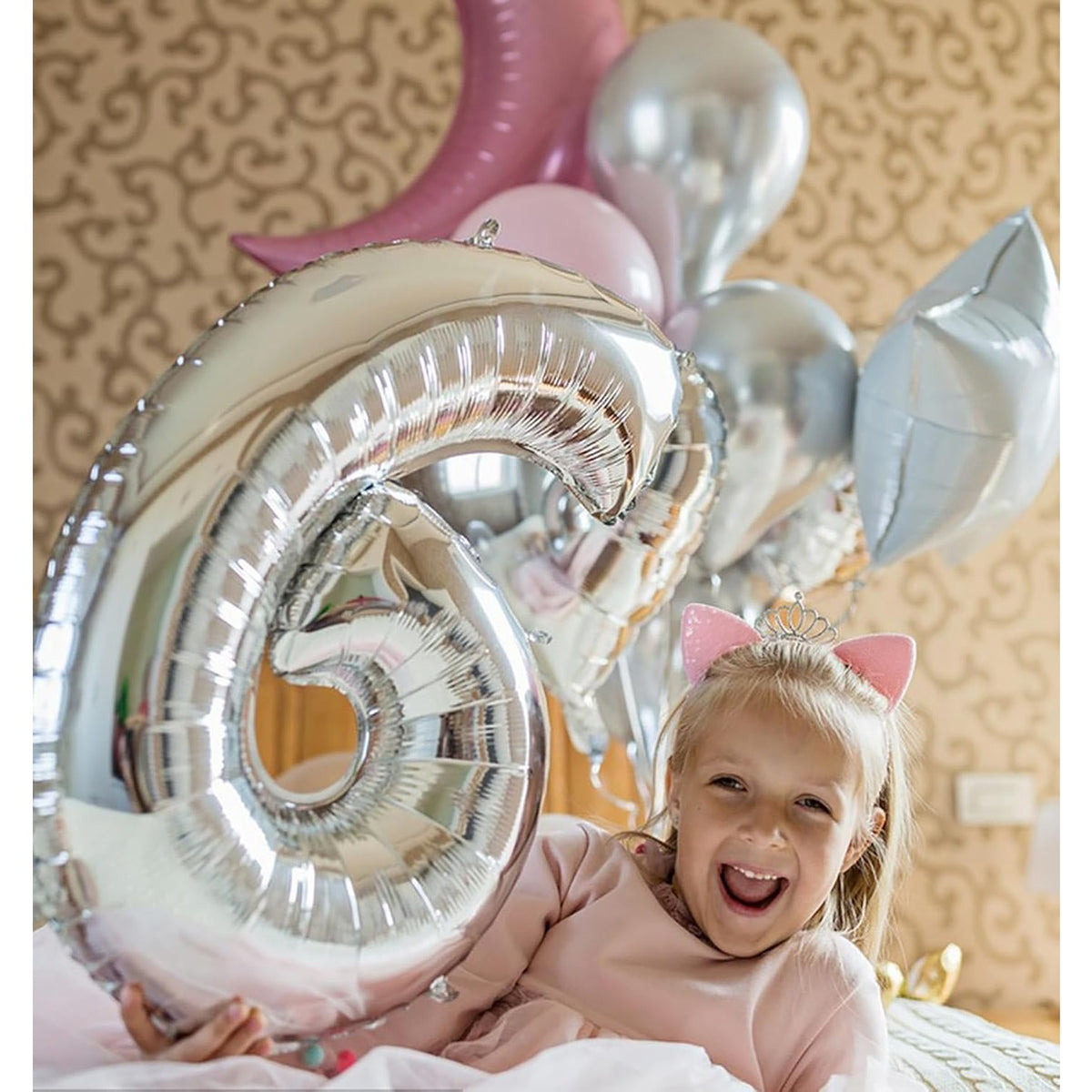 Balon Aniversar Cifra 6, Figurina din Folie Metalizata, Umflare Aer sau Heliu, include Pai Umflare, 40 cm, Argintiu