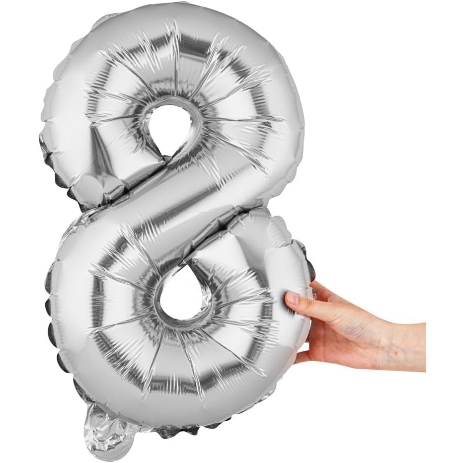 Balon Aniversar Cifra 8, Figurina din Folie Metalizata, Umflare Aer sau Heliu, Ambalaj Individual cu Pai Inclus, Argintiu, 40 cm