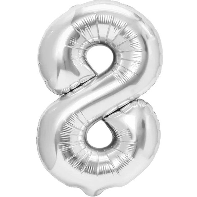 Balon Aniversar Cifra 8, Figurina din Folie Metalizata, Umflare Aer sau Heliu, Ambalaj Individual cu Pai Inclus, Argintiu, 40 cm