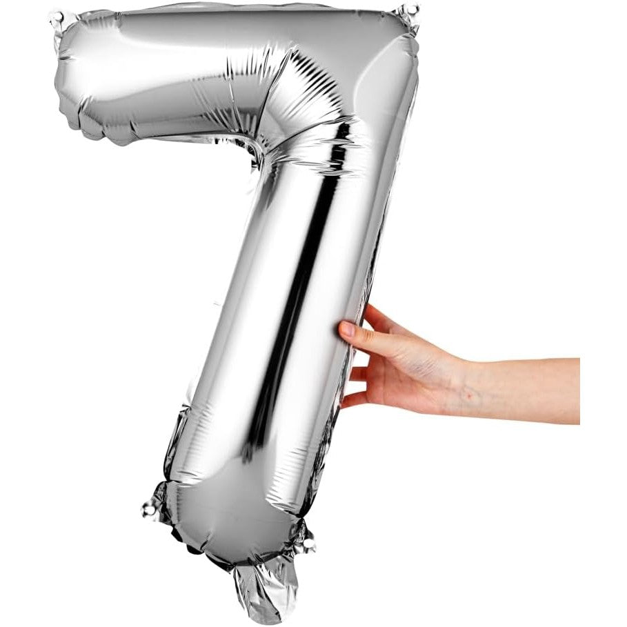 Balon Aniversar Cifra 7, Figurina din Folie Metalizata, Umflare Aer sau Heliu, include Pai Umflare, Argintiu, 40 cm