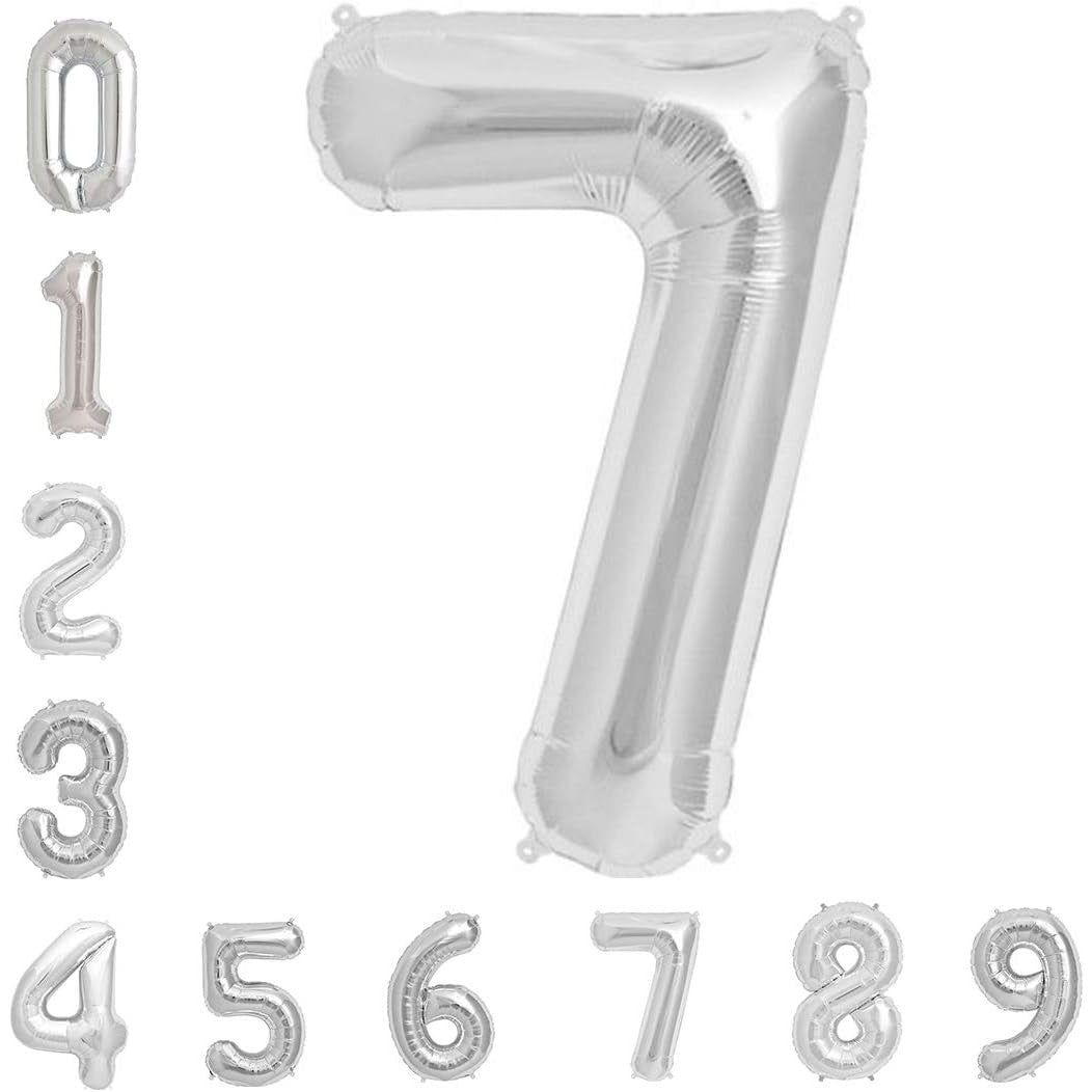 Balon Aniversar Cifra 7, Figurina din Folie Metalizata, Umflare Aer sau Heliu, include Pai Umflare, Argintiu, 40 cm